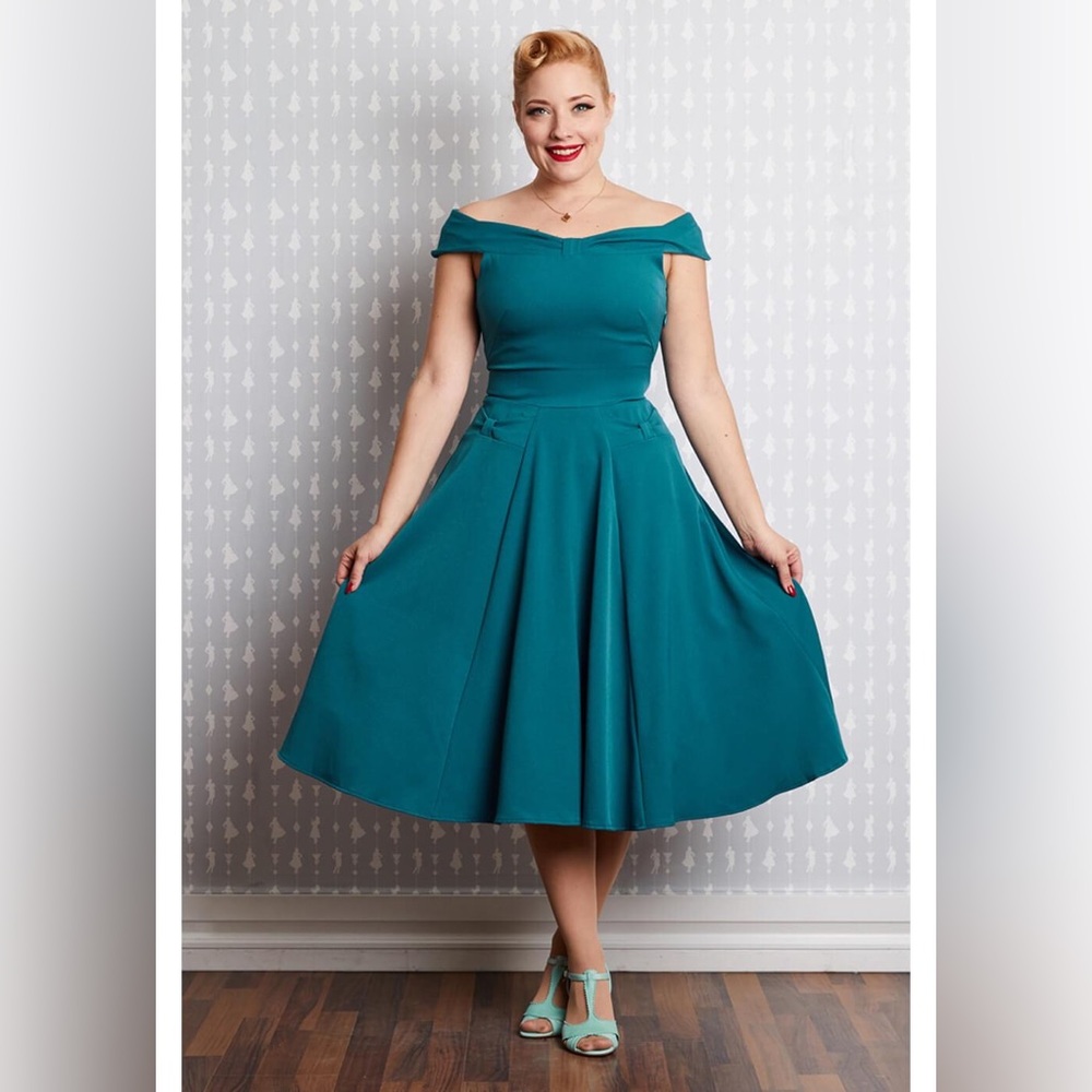 Miss Candyfloss off-the-shoulder 1950s style Ida-Kat swing dress in teal